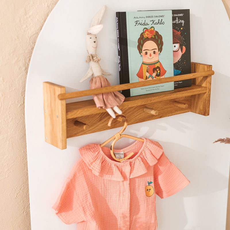 MINICAMP Floating Kids Bookshelf With Coat Hooks Made of Solid Oak