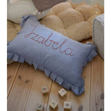 Personalised Embroidered Ruffled Linen Pillow - Blue