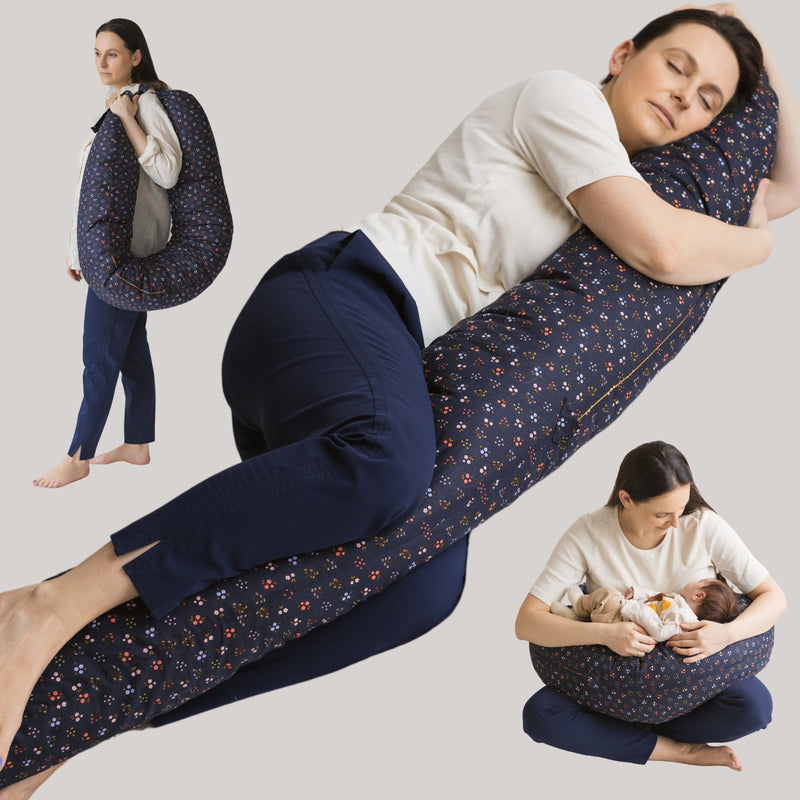MINICAMP C-Shape Nursing & Comfort Pillow With Organic Navy Blue Cover | Kapok or PES Filling