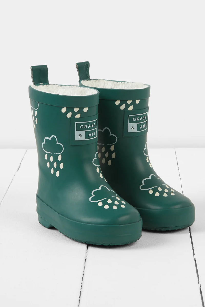 Grass & Air - Colour Changing Kids Wellies with Teddy Fleece Lining - Spruce Green