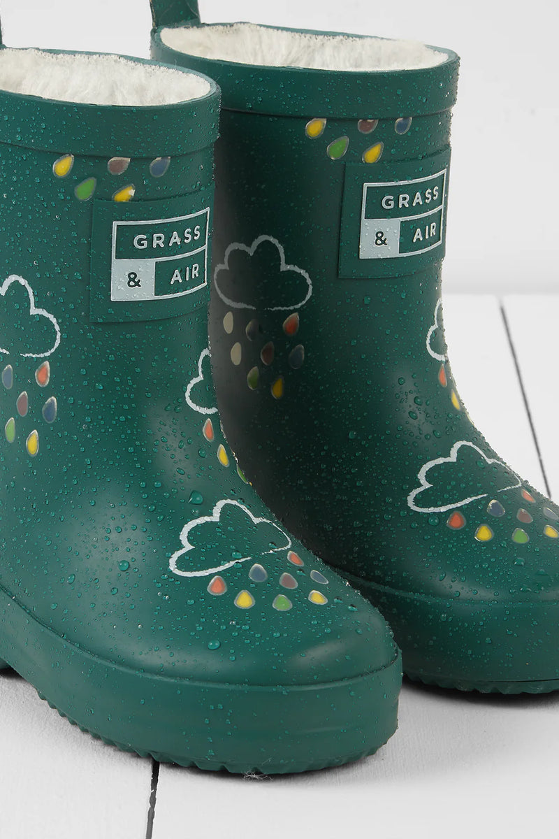 Grass & Air - Colour Changing Kids Wellies with Teddy Fleece Lining - Spruce Green