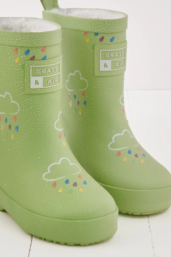 Grass & Air - Green - Colour Changing Kids Wellies with Teddy Fleece Lining