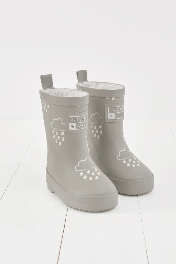 Grass & Air - Grey - Colour Changing Kids Wellies with Teddy Fleece Lining