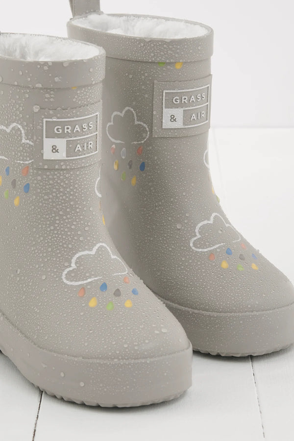 Grass & Air - Grey - Colour Changing Kids Wellies with Teddy Fleece Lining