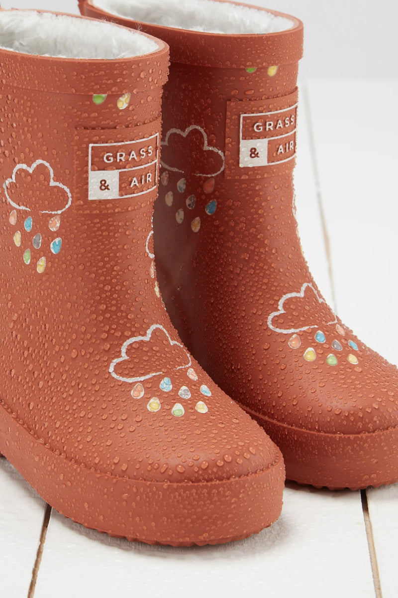 Grass & Air - Burnt Orange - Colour Changing Kids Wellies with Teddy Fleece Lining