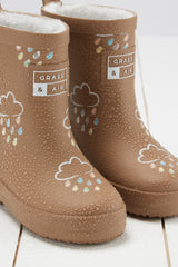 Grass & Air - Fudge Brown - Colour Changing Kids Wellies with Teddy Fleece Lining