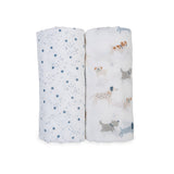 Lulujo - 2 Pack Cotton Swaddles - Puppy Dogs / Stars (100cm x100cm)