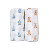 Lulujo - 2 Pack Cotton Swaddles - Vintage Bears / Sailboat (100cm x100cm)