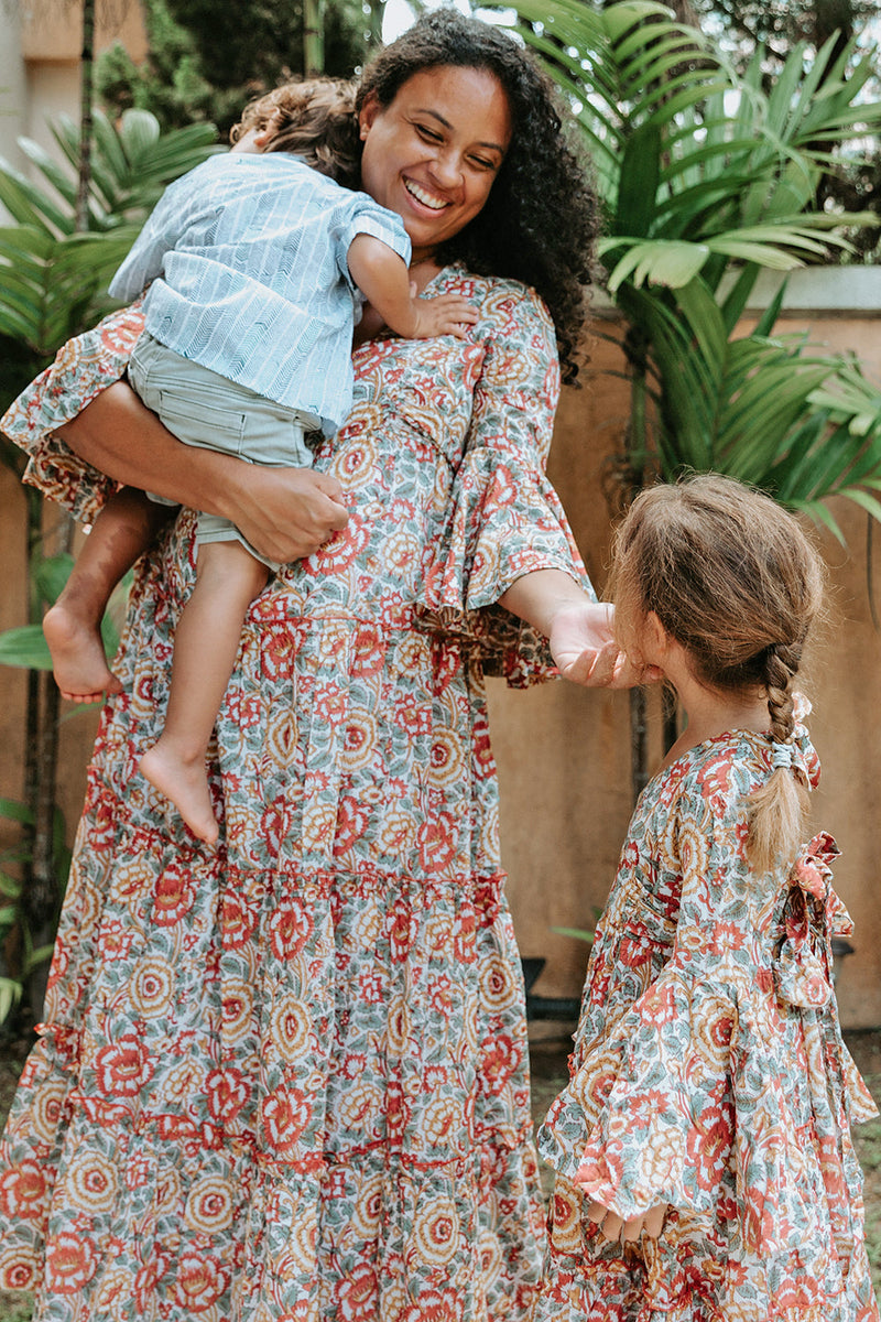 Block Printed Girl's Dress - Lucky Red Floral