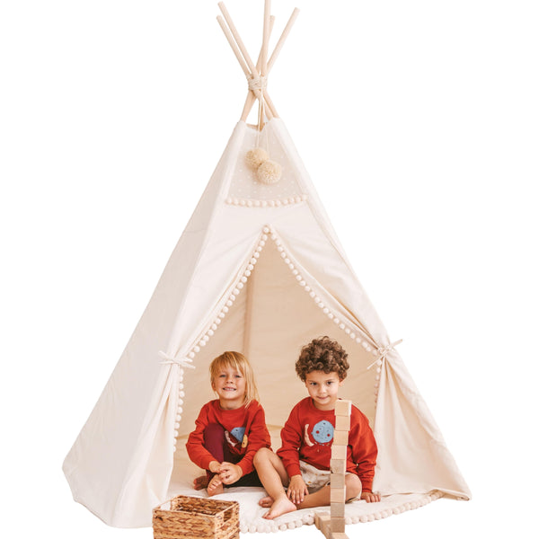 MINICAMP Extra Large Kids Teepee Tent With Pom Pom Decor