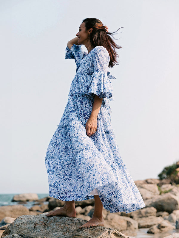 Block Printed Women's Dress - Blue Floral