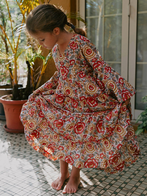 Block Printed Girl's Dress - Lucky Red Floral