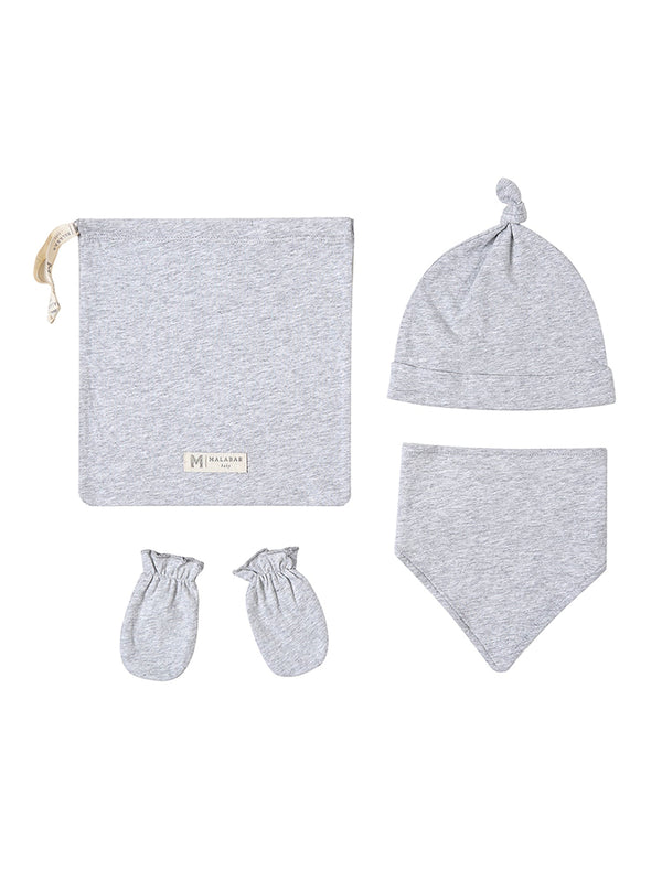 Organic Cotton Bandana Bib, Mitten, Hat Set - Grey Erawan