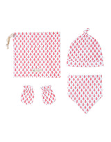 Organic Cotton Bandana Bib, Mitten, Hat Set - Pink City