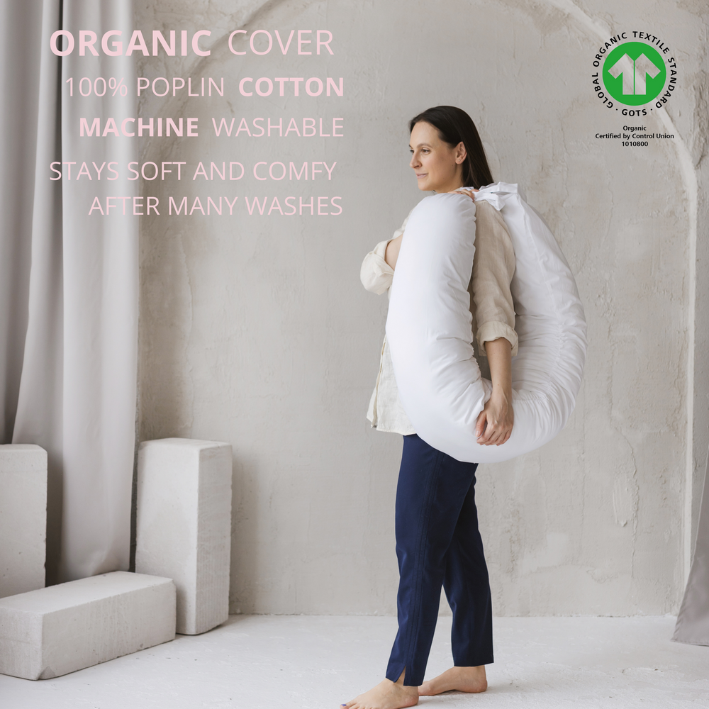 
                      
                        Nursing and Pregnancy Pillow in C-Shape With Organic Cover and Natural Kapok Filling in White
                      
                    