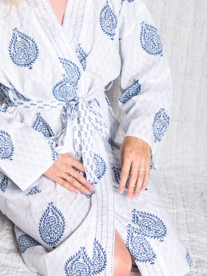 Block Printed Reversible Blue Robe - Fort