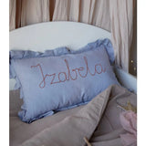 Personalised Embroidered Ruffled Linen Pillow - Blue