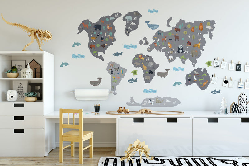 Grey World Map Wall Stickers, Map Decals, Children’s Wall Stickers, Grey World Map, Modern Kids Bedroom Decor, Peel and Stick