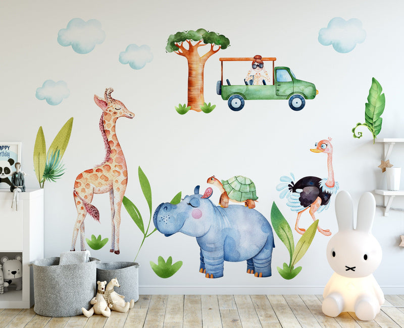 Safari Animals Wall Stickers, Safari Children Kids Decor, Wall Sticker, Animal Cute Jungle Stickers for Walls, Boys Nursery Decor