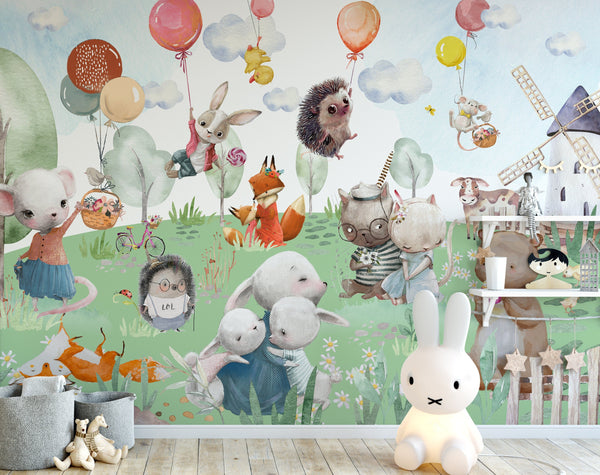 Animals Mural Wallpaper, Nursery Wallpaper, Nursery Farm Animals Wallpaper