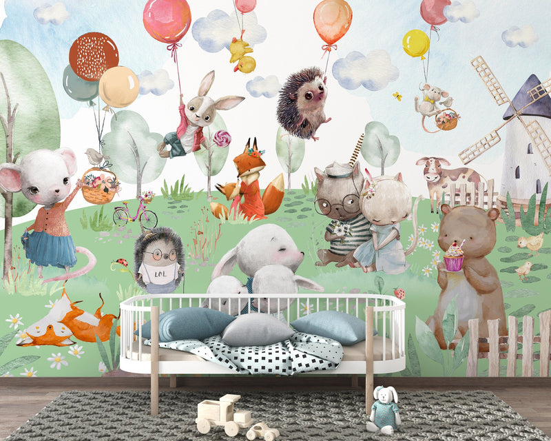 Animals Mural Wallpaper, Nursery Wallpaper, Nursery Farm Animals Wallpaper