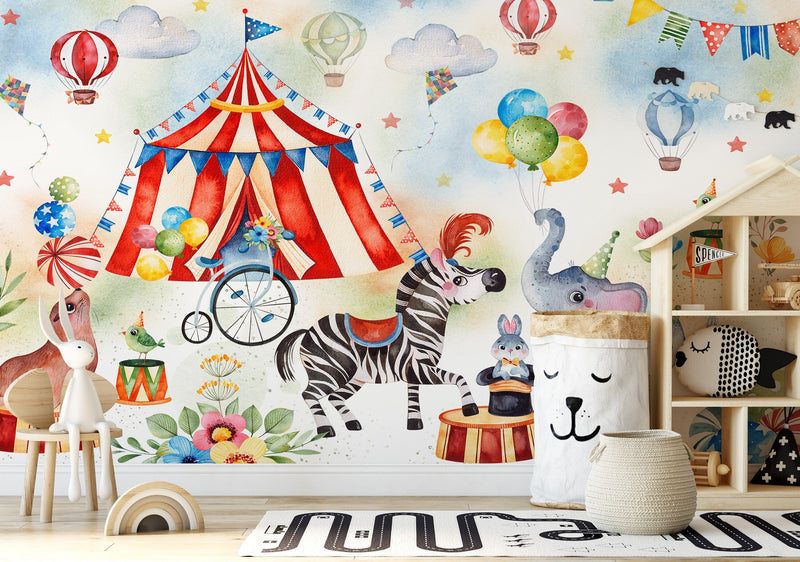 Circus Mural Wallpaper, Clown Wall Mural, Playroom Nursery Decor