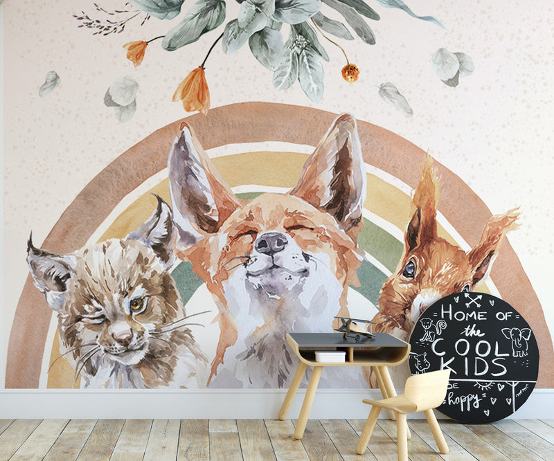 BOHO Mural Wallpaper, Forest Wall Mural, Nursery Forest Animals