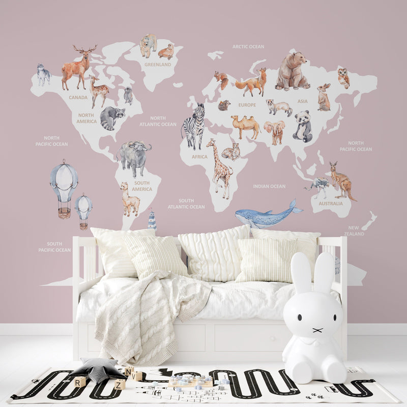 Pink World Map Wallpaper Wall Mural