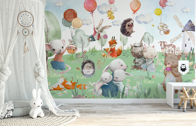 Animals Mural Wallpaper, Nursery Wallpaper, Nursery Farm Animals Wallpaper