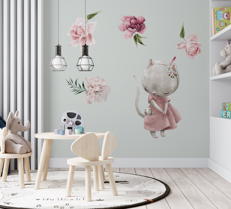 Cat and Flowers Wall Stickers