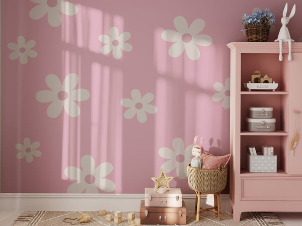 Daisy Wall Mural, Pink Wild Flowers Mural