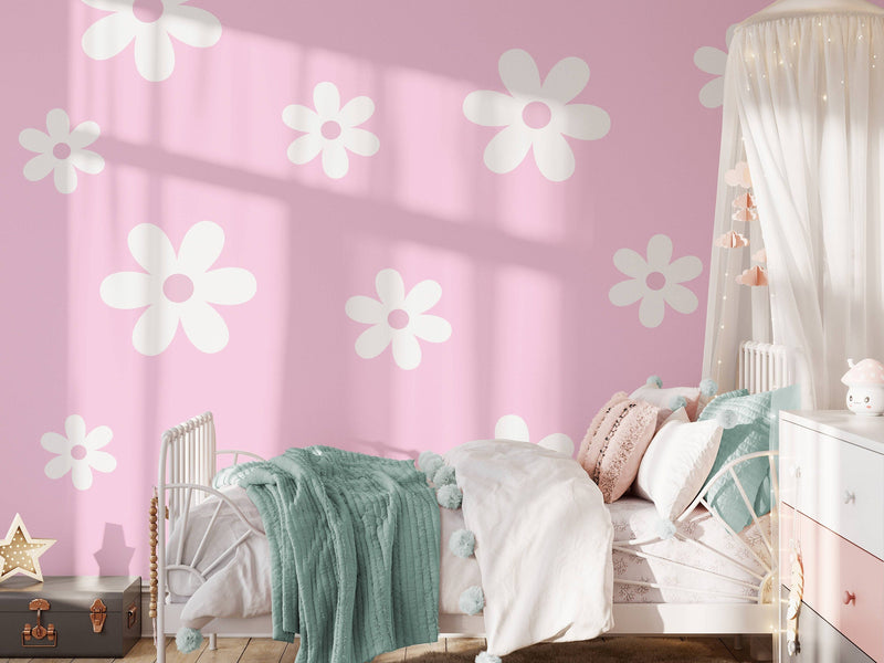 Daisy Wall Mural, Pink Wild Flowers Mural