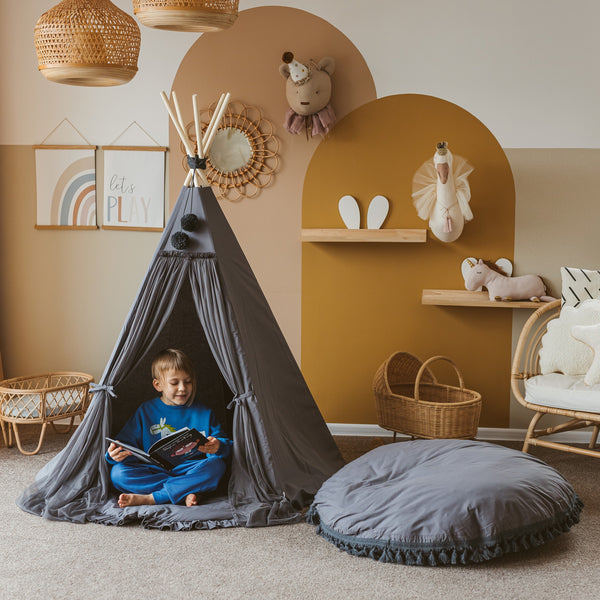 MINICAMP Large Floor Cushion With Tassels in Grey