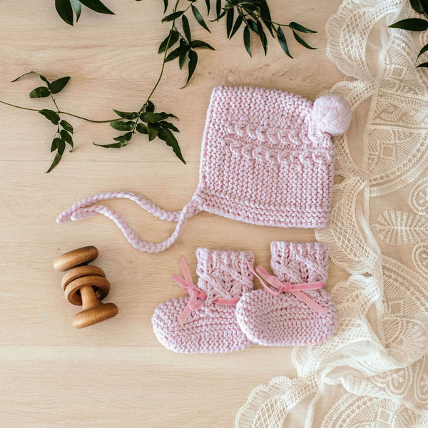 Pink Merino Wool Bonnet & Booties Set