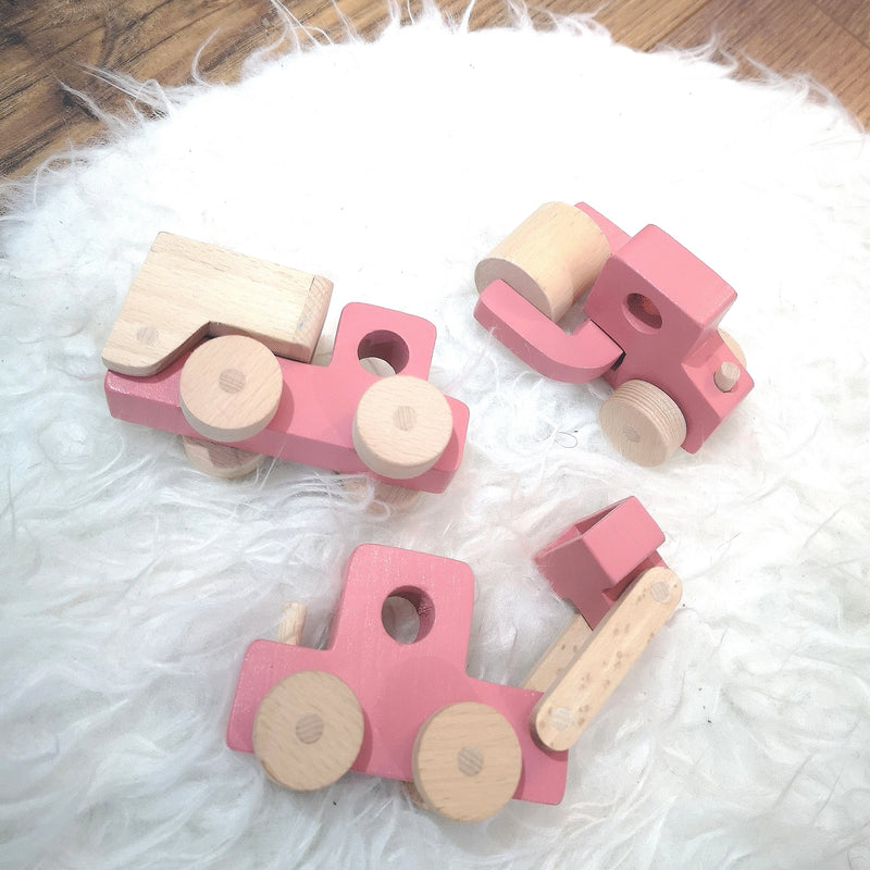 Set Of 3 Pink Wooden Toy Construction Trucks