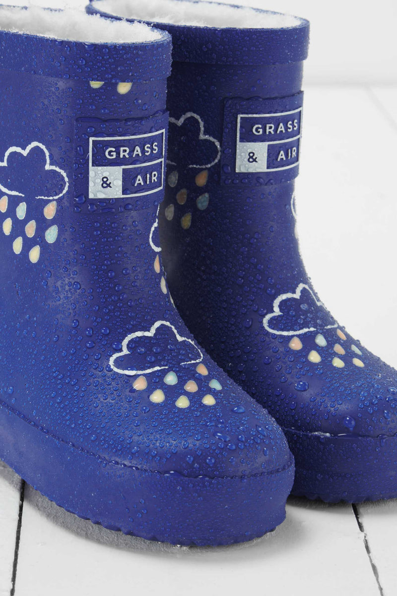 Grass & Air - Inky Blue - Colour Changing Kids Wellies with Teddy Fleece Lining