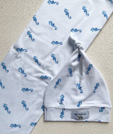 Nautical Seahorse Blue Swaddle & Matching Hat