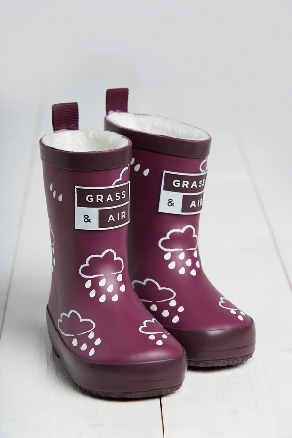 Grass & Air - Mulberry - Colour Changing Kids Wellies with Teddy Fleece Lining