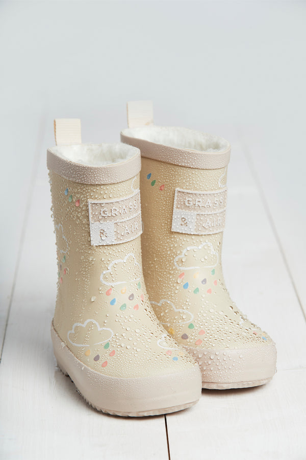 Grass & Air - Stone - Colour Changing Kids Wellies with Teddy Fleece Lining