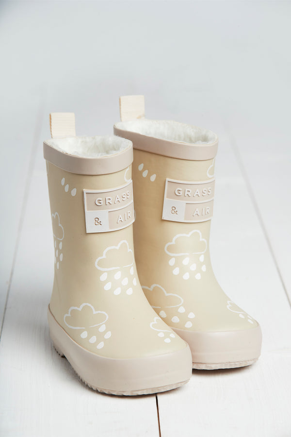 Grass & Air - Stone - Colour Changing Kids Wellies with Teddy Fleece Lining